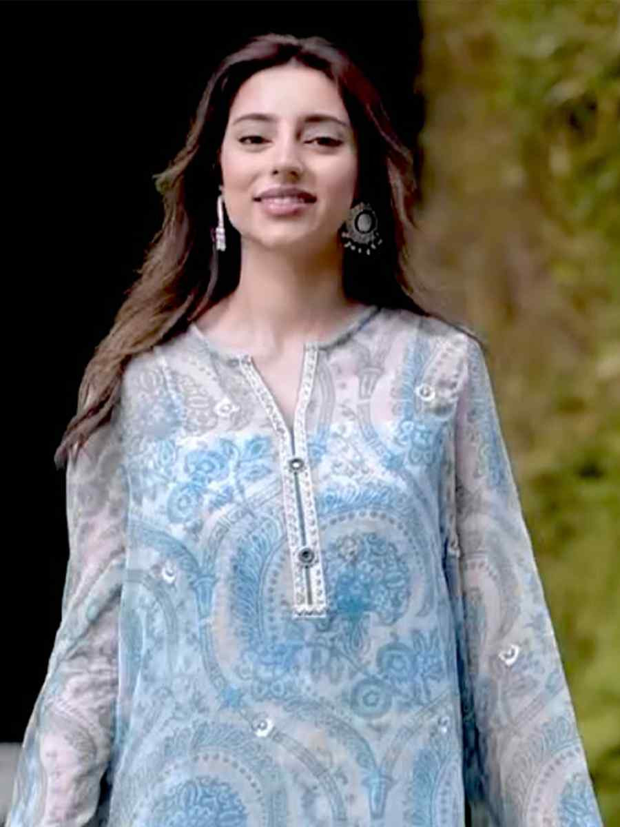 Blue Pure Chiffon Georgette Embroidered Party Wedding Ready Palazzo Pant Salwar Kameez