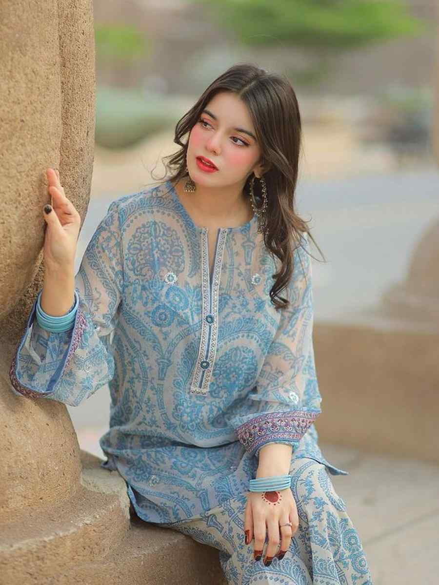 Blue Pure Chiffon Georgette Embroidered Party Wedding Ready Palazzo Pant Salwar Kameez