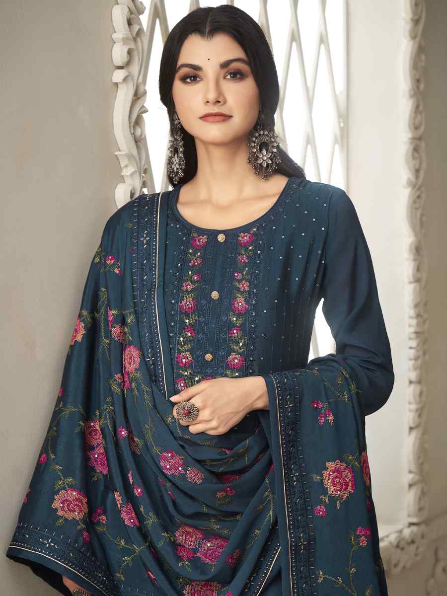 Blue Pure Chinon Handwoven Casual Festival Pant Salwar Kameez