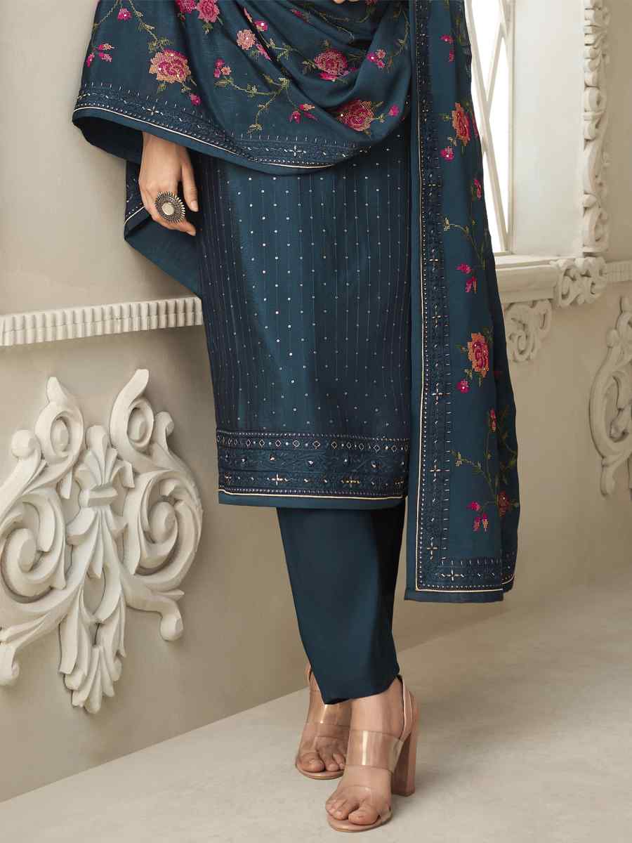 Blue Pure Chinon Handwoven Casual Festival Pant Salwar Kameez