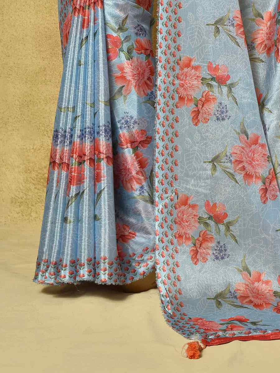 Blue Pure Chinon Printed Party Festival Contemporary Saree