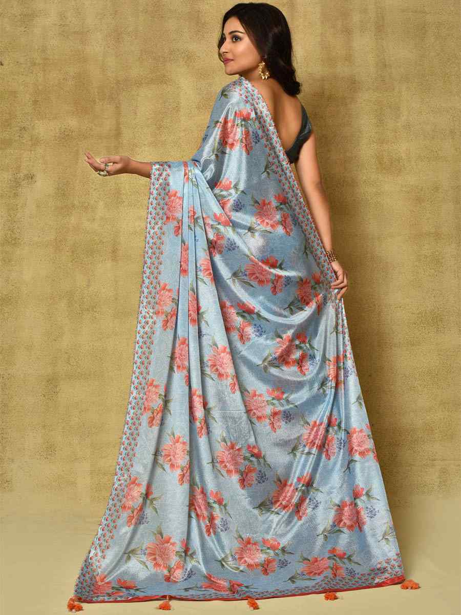 Blue Pure Chinon Printed Party Festival Contemporary Saree