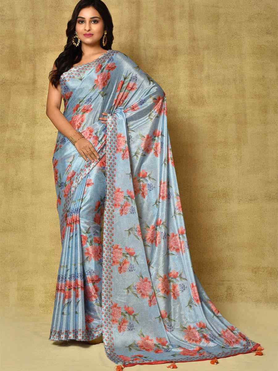 Blue Pure Chinon Printed Party Festival Contemporary Saree