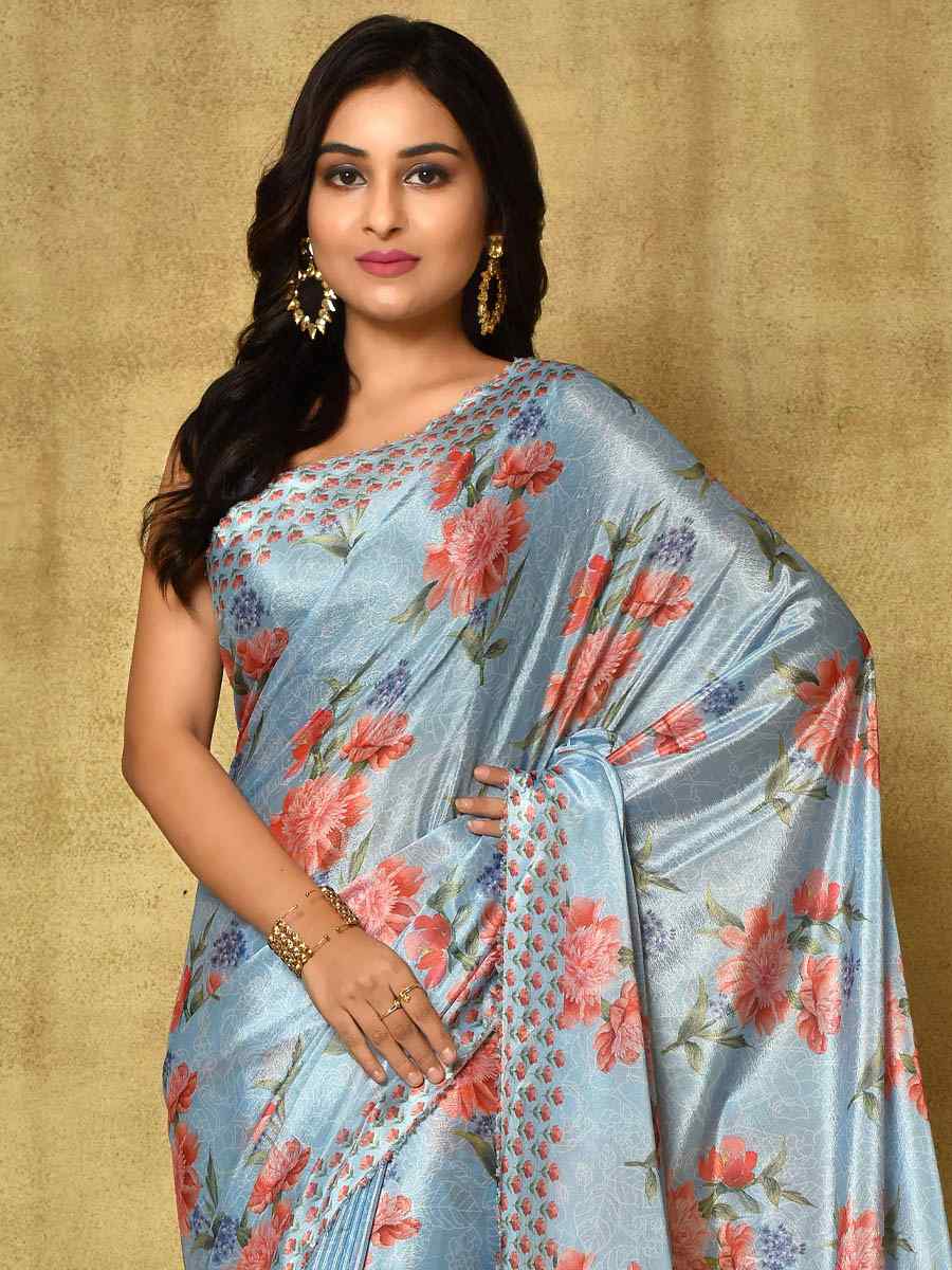 Blue Pure Chinon Printed Party Festival Contemporary Saree