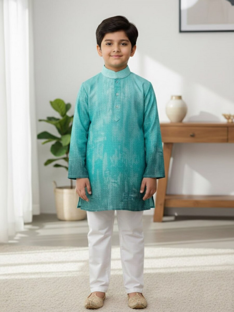 Image of Blue Pure Cotton Printed Ethnic Festival Party Casual Kurta Pyjama Boys Wear