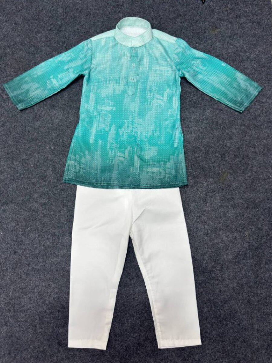 Blue Pure Cotton Printed Ethnic Festival Party Casual Kurta Pyjama Boys Wear