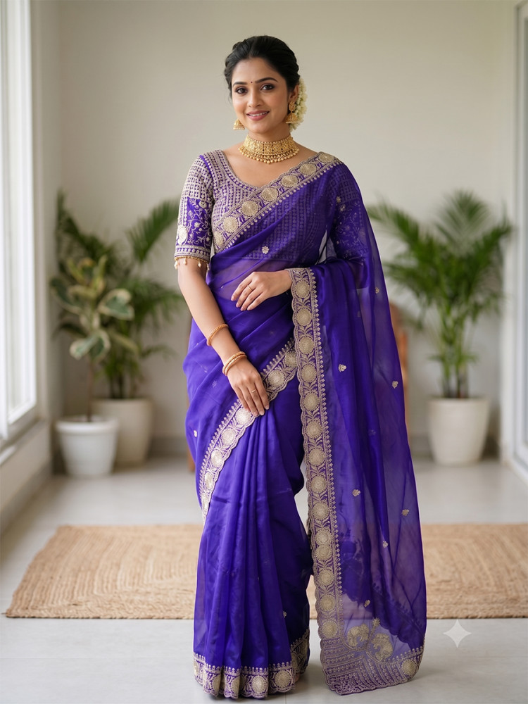 Image of Blue Pure Fandy Satin Embroidery Wedding Reception Party Festival Casual Heavy Border Sarees