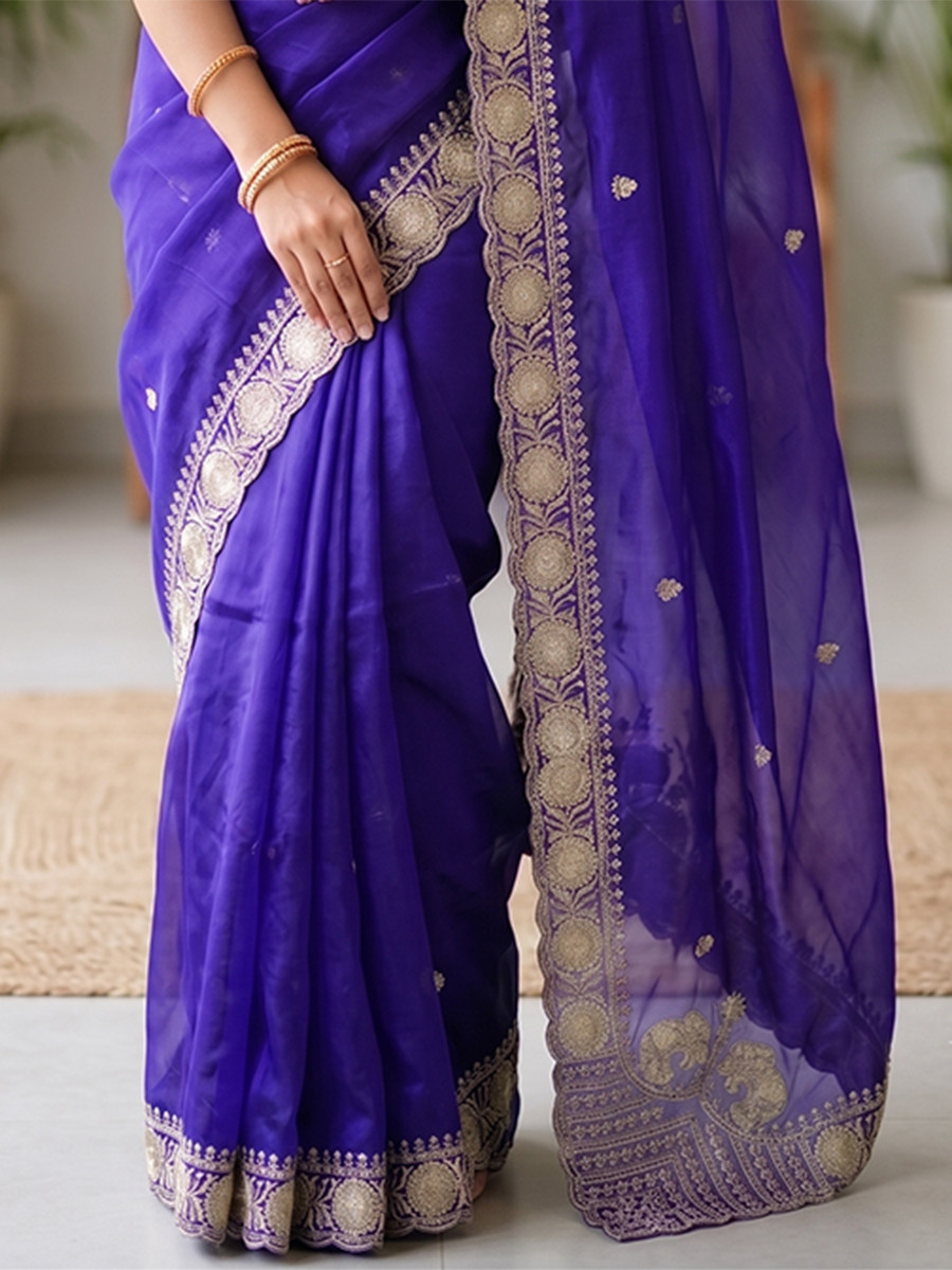 Blue Pure Fandy Satin Embroidery Wedding Reception Party Festival Casual Heavy Border Sarees