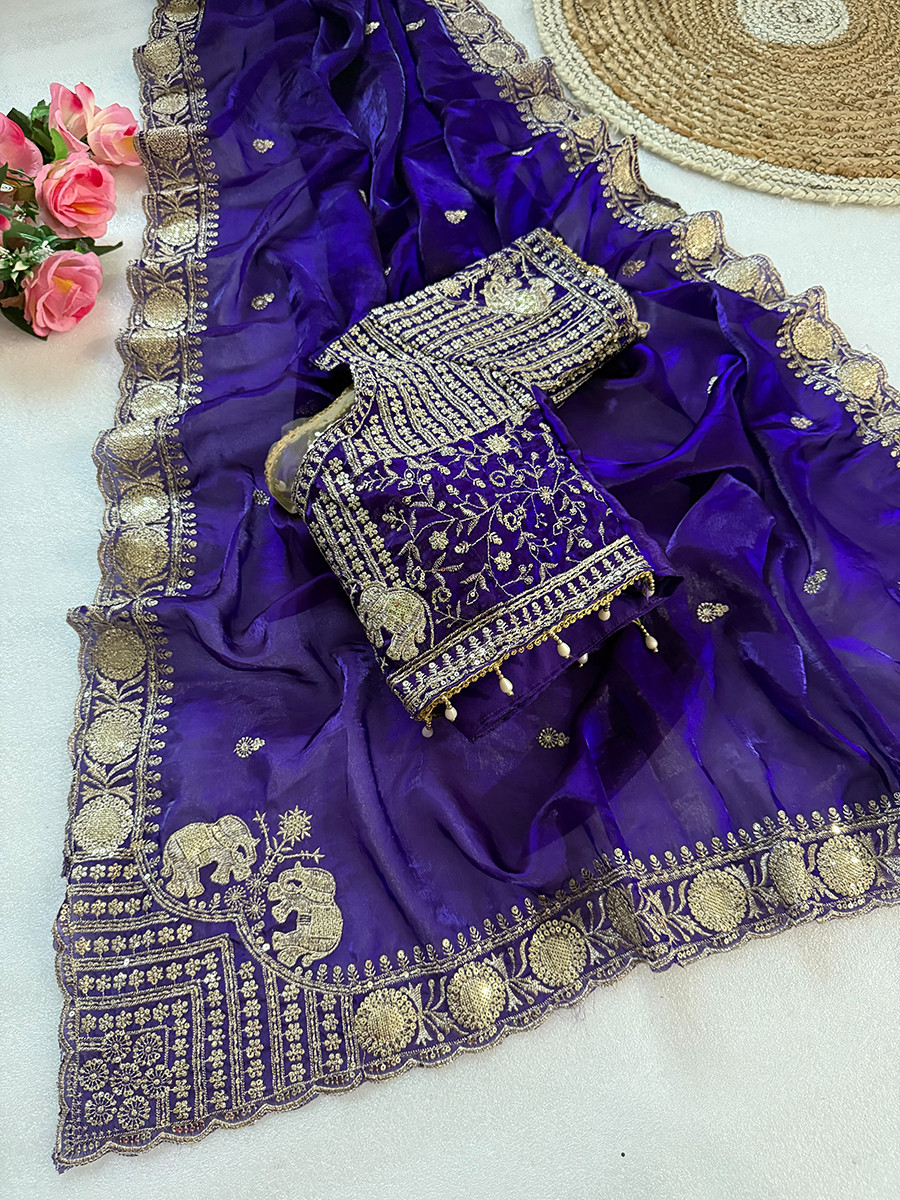 Blue Pure Fandy Satin Embroidery Wedding Reception Party Festival Casual Heavy Border Sarees