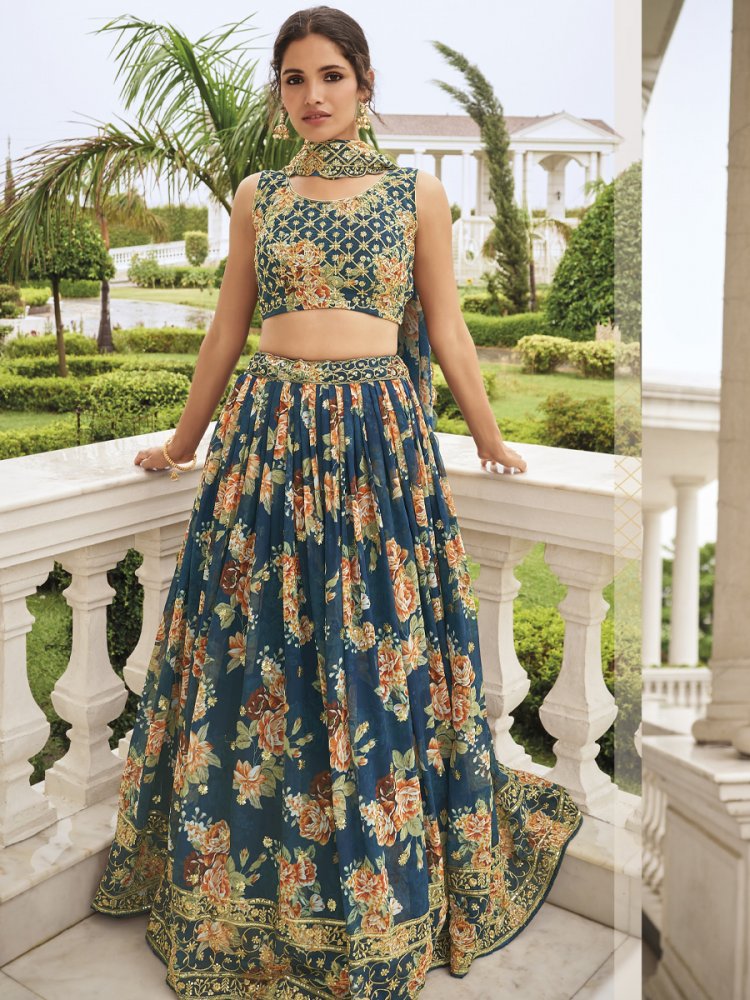 Blue Pure Faux Georgette Embroidered Wedding Festival Circular Lehenga Choli