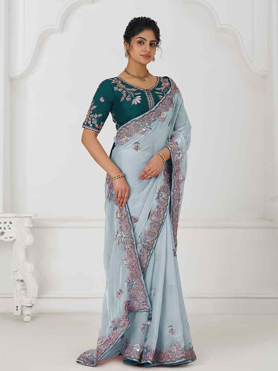 Blue Pure Fendi Silk Embroidered Festival Wedding Fancy Heavy Border Saree