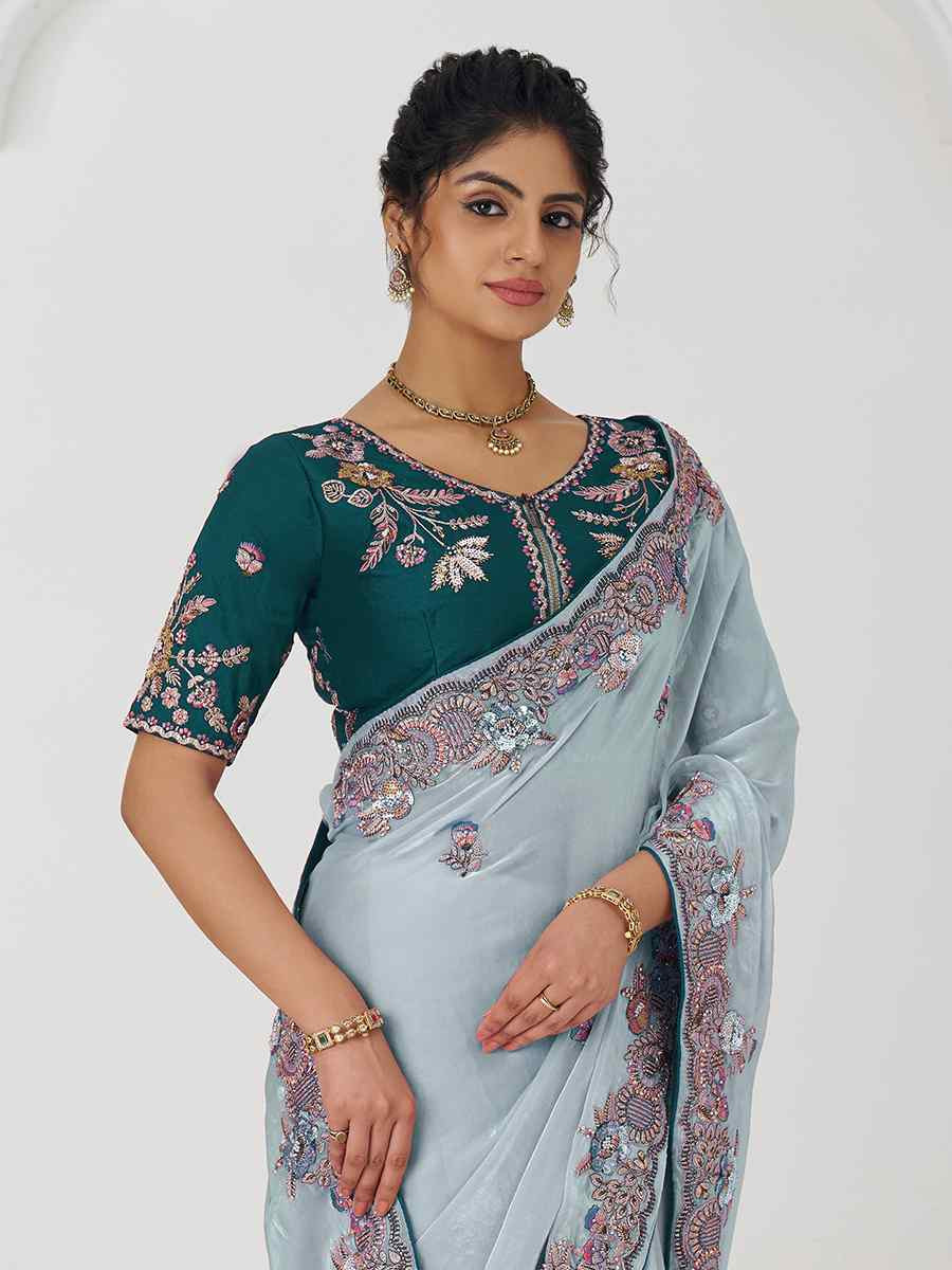 Blue Pure Fendi Silk Embroidered Festival Wedding Fancy Heavy Border Saree