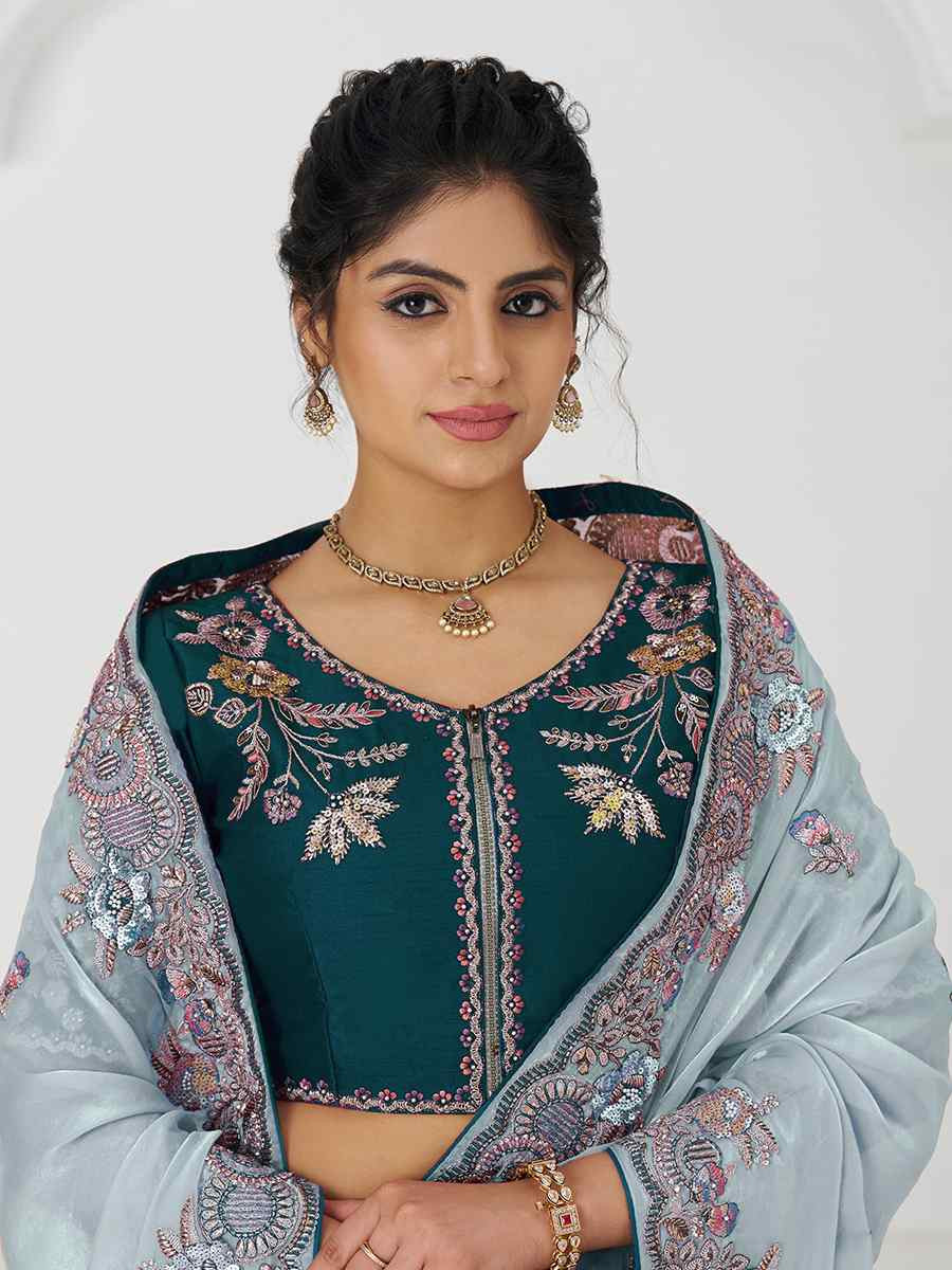 Blue Pure Fendi Silk Embroidered Festival Wedding Fancy Heavy Border Saree