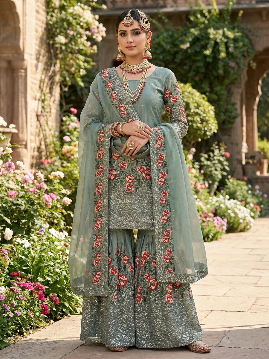 Blue Pure Fendy Silk Embroidery Sequins Wedding Party Festival Reday Sharara Pant Salwar Kameez
