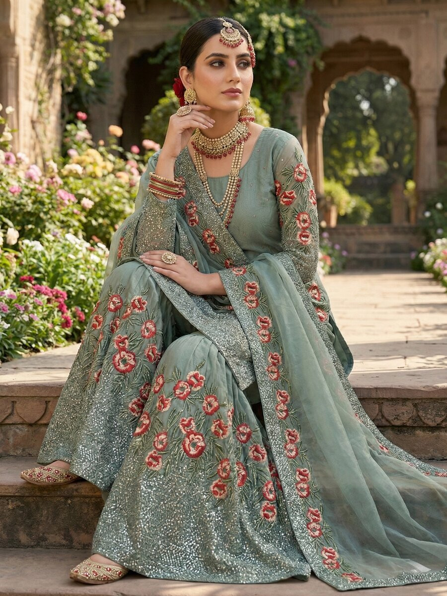 Blue Pure Fendy Silk Embroidery Sequins Wedding Party Festival Reday Sharara Pant Salwar Kameez