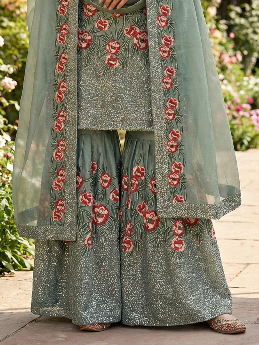 Blue Pure Fendy Silk Embroidery Sequins Wedding Party Festival Reday Sharara Pant Salwar Kameez