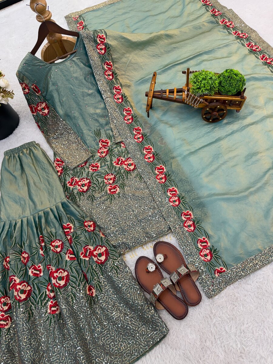 Blue Pure Fendy Silk Embroidery Sequins Wedding Party Festival Reday Sharara Pant Salwar Kameez