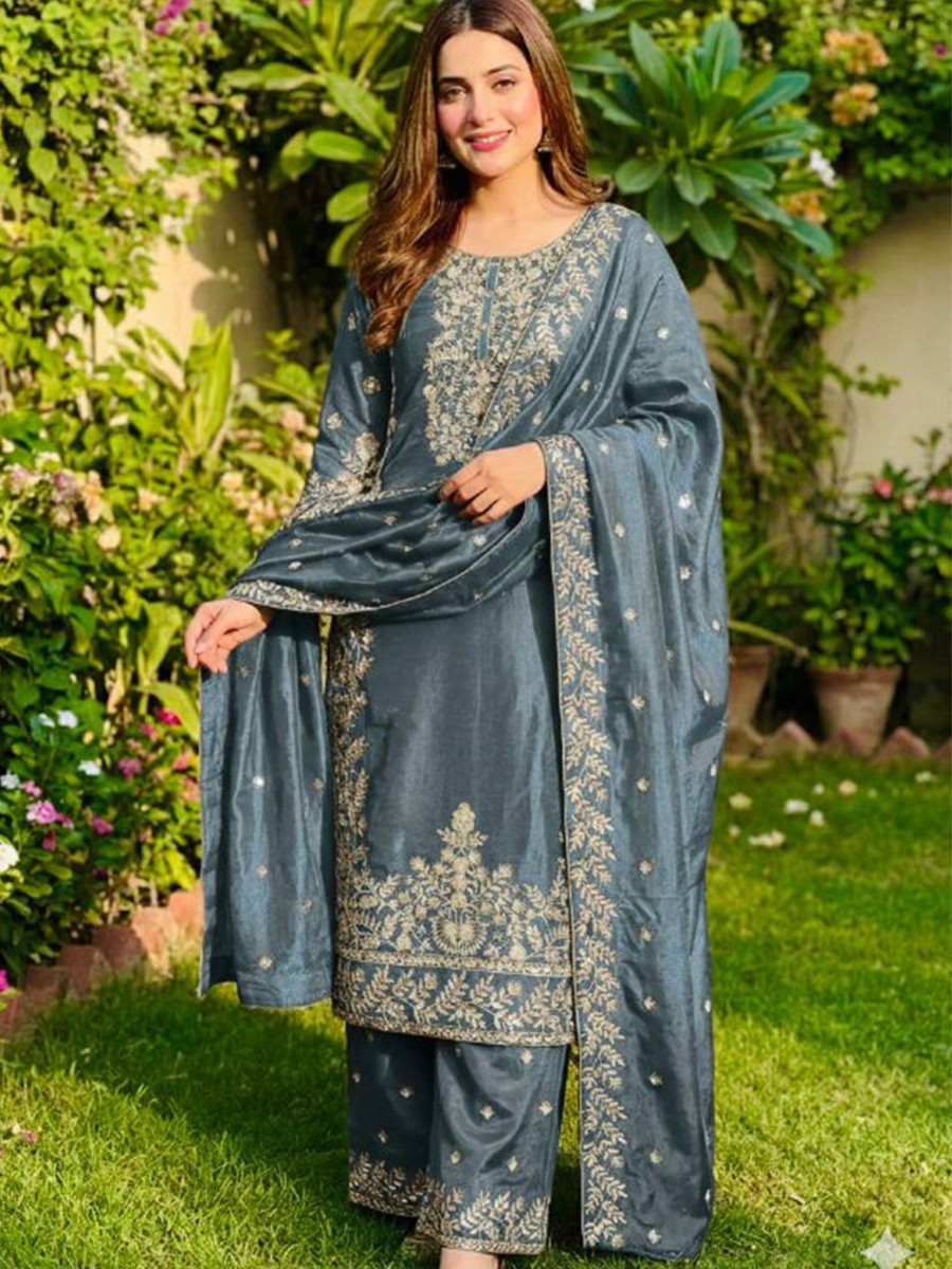 Blue Pure Gmy Silk Embroidery Sequins Party Wedding Festival Casual Ready Palazzo Pant Salwar Kameez