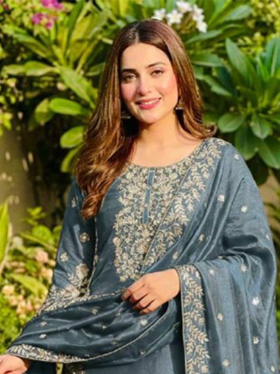 Blue Pure Gmy Silk Embroidery Sequins Party Wedding Festival Casual Ready Palazzo Pant Salwar Kameez