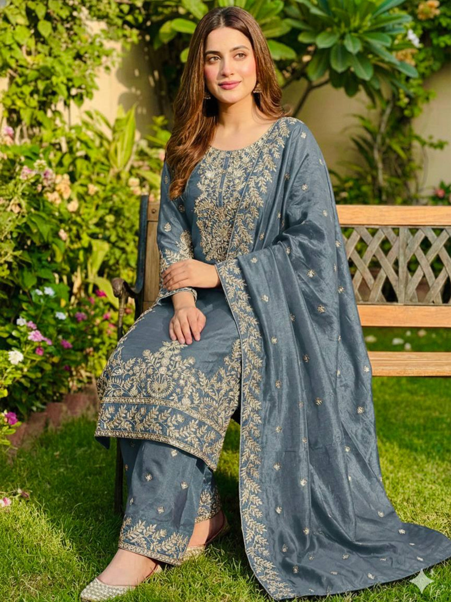 Blue Pure Gmy Silk Embroidery Sequins Party Wedding Festival Casual Ready Palazzo Pant Salwar Kameez