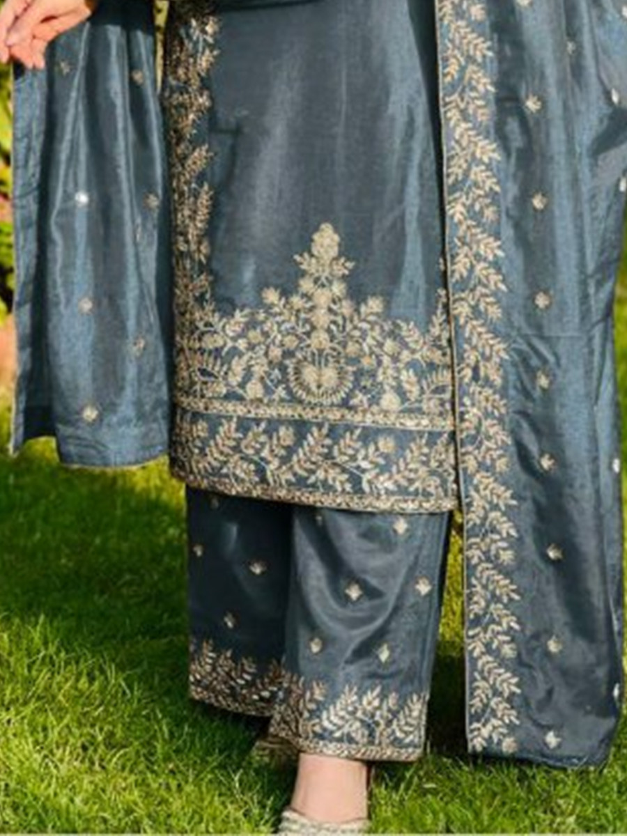 Blue Pure Gmy Silk Embroidery Sequins Party Wedding Festival Casual Ready Palazzo Pant Salwar Kameez