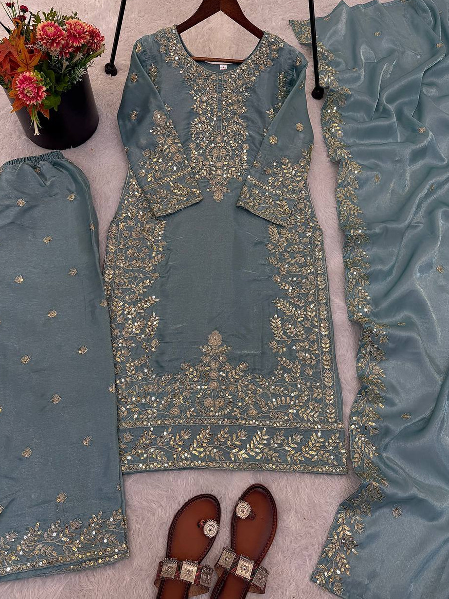 Blue Pure Gmy Silk Embroidery Sequins Party Wedding Festival Casual Ready Palazzo Pant Salwar Kameez
