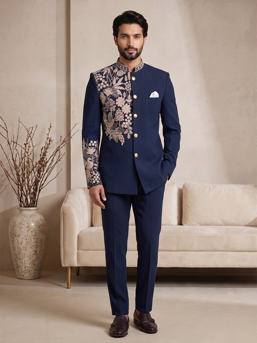 Blue Pure Lachka Embroidery Wedding Party Festival Casual Groom Ready jodhpuri suit