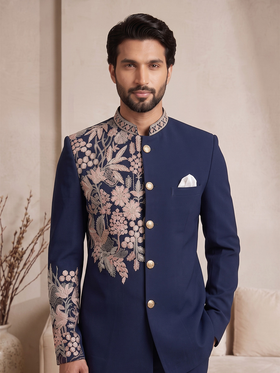 Blue Pure Lachka Embroidery Wedding Party Festival Casual Groom Ready jodhpuri suit
