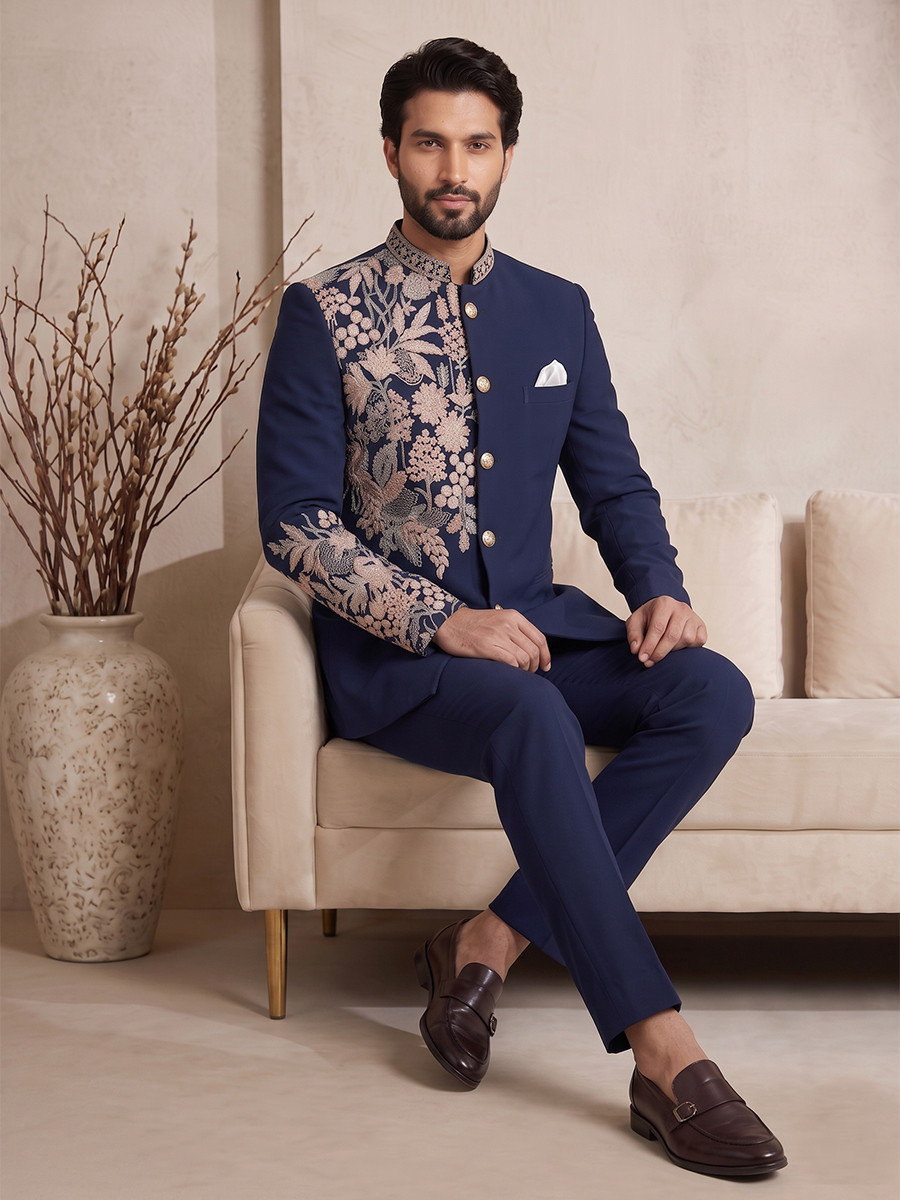 Blue Pure Lachka Embroidery Wedding Party Festival Casual Groom Ready jodhpuri suit