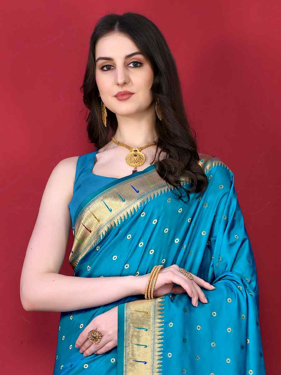 Blue Pure Lichi Silk Handwoven Wedding Festival Heavy Border Saree