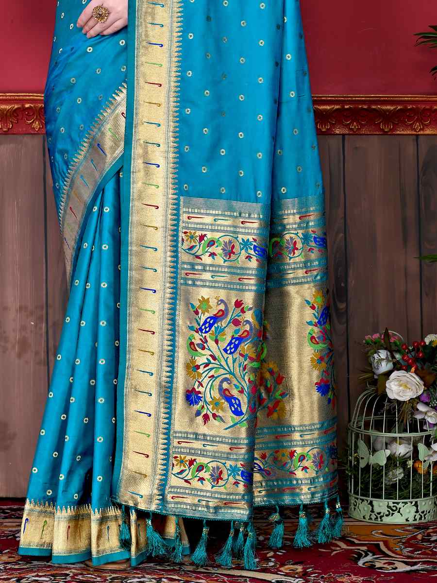 Blue Pure Lichi Silk Handwoven Wedding Festival Heavy Border Saree