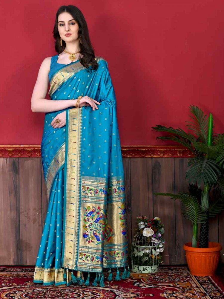 Blue Pure Lichi Silk Handwoven Wedding Festival Heavy Border Saree