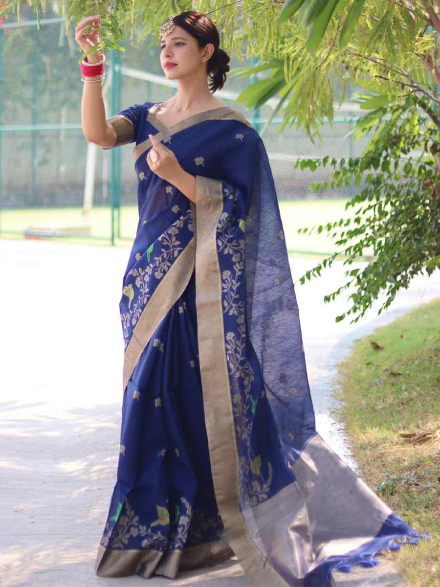 Blue Pure Linen Silk Handwoven Zari Festival Wedding Fancy Heavy Border Saree