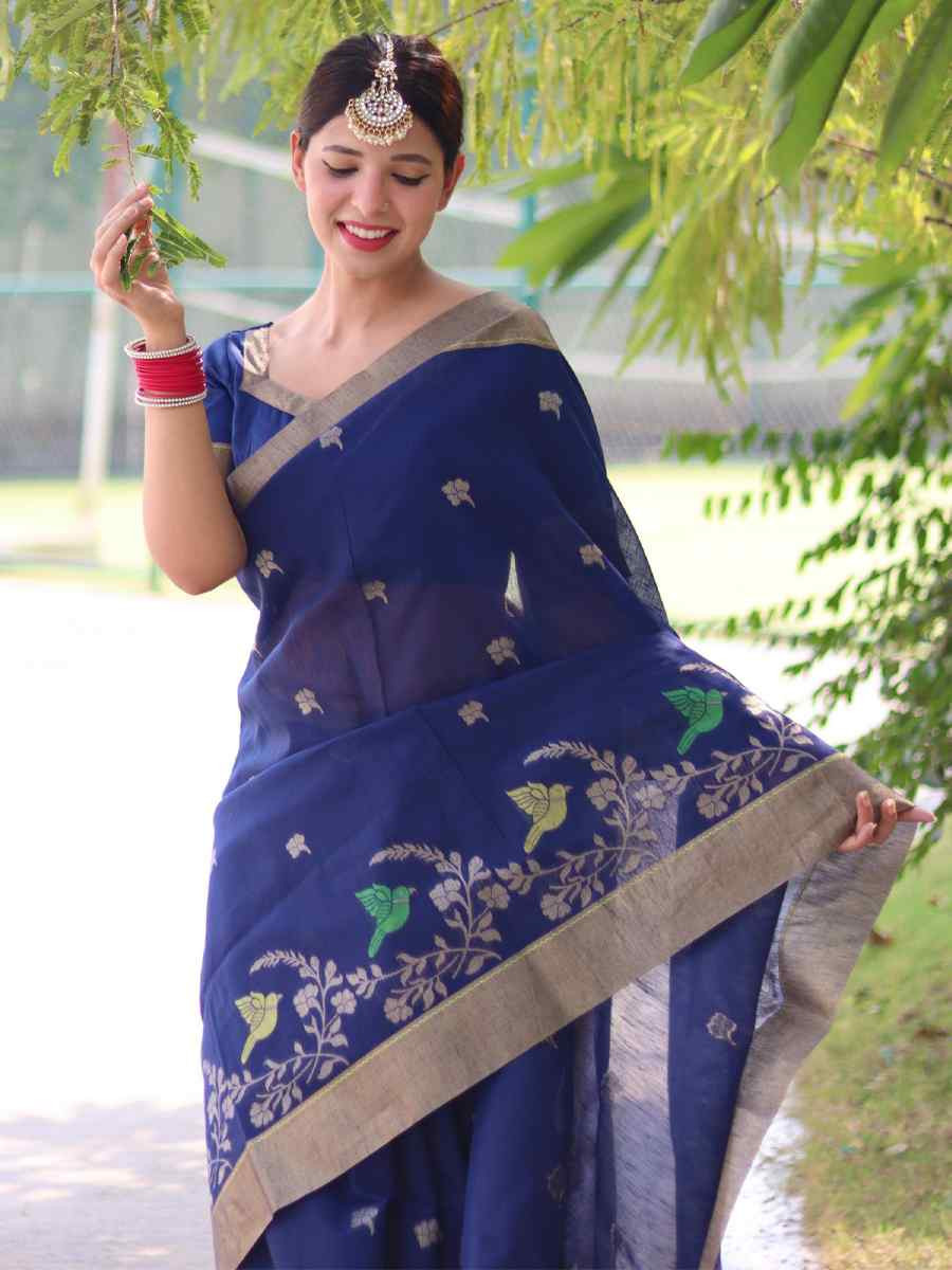 Blue Pure Linen Silk Handwoven Zari Festival Wedding Fancy Heavy Border Saree