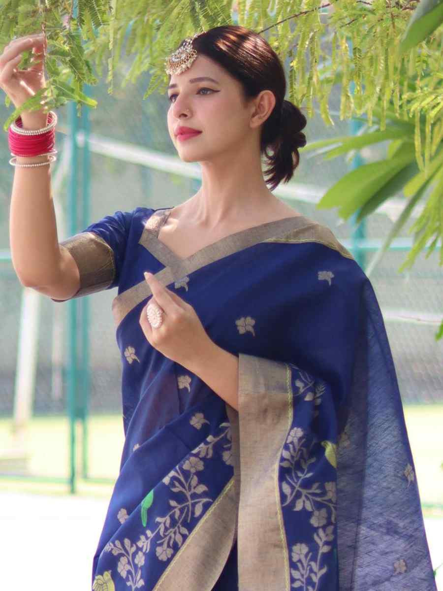 Blue Pure Linen Silk Handwoven Zari Festival Wedding Fancy Heavy Border Saree