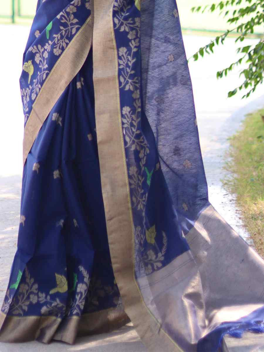 Blue Pure Linen Silk Handwoven Zari Festival Wedding Fancy Heavy Border Saree