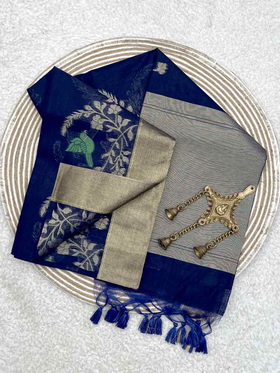 Blue Pure Linen Silk Handwoven Zari Festival Wedding Fancy Heavy Border Saree