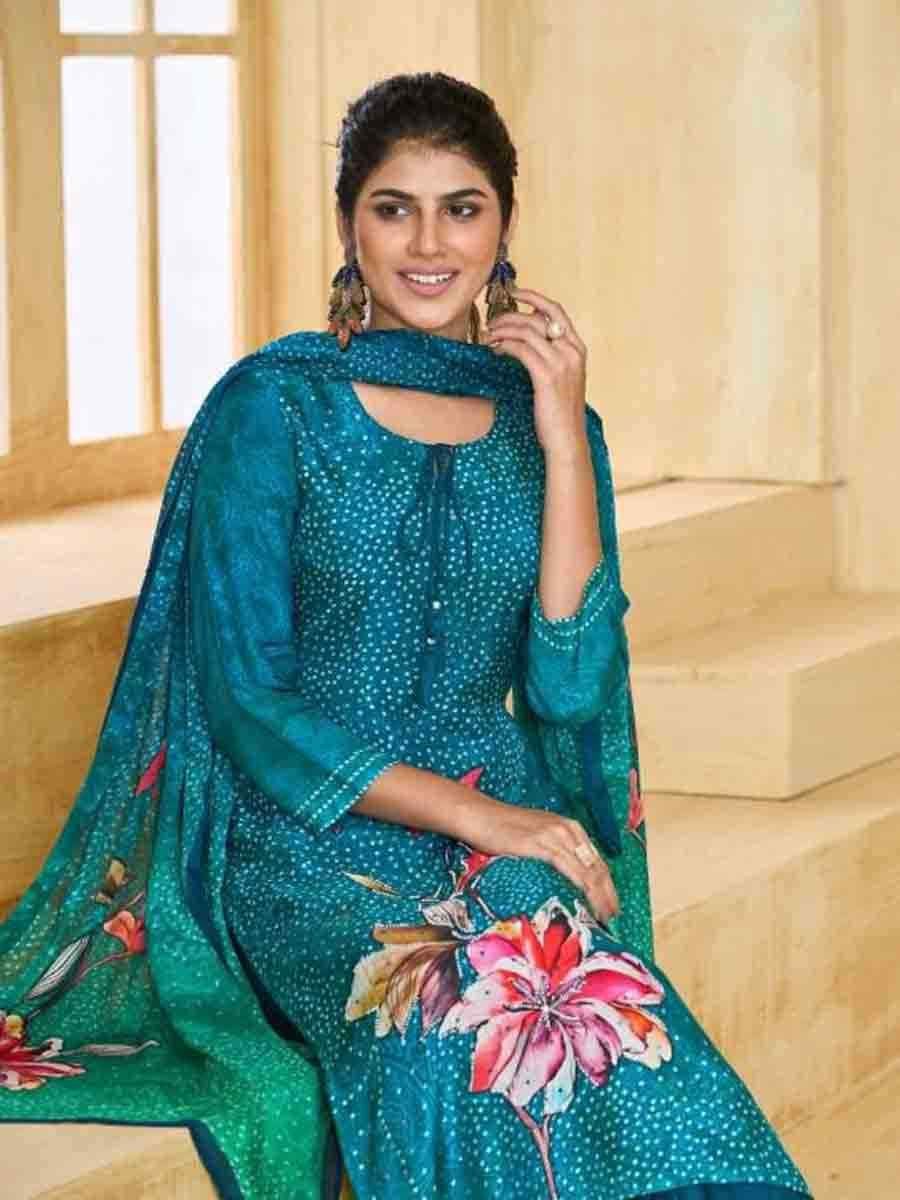 Blue Pure Maslin Printed Festival Casual Ready Pant Salwar Kameez