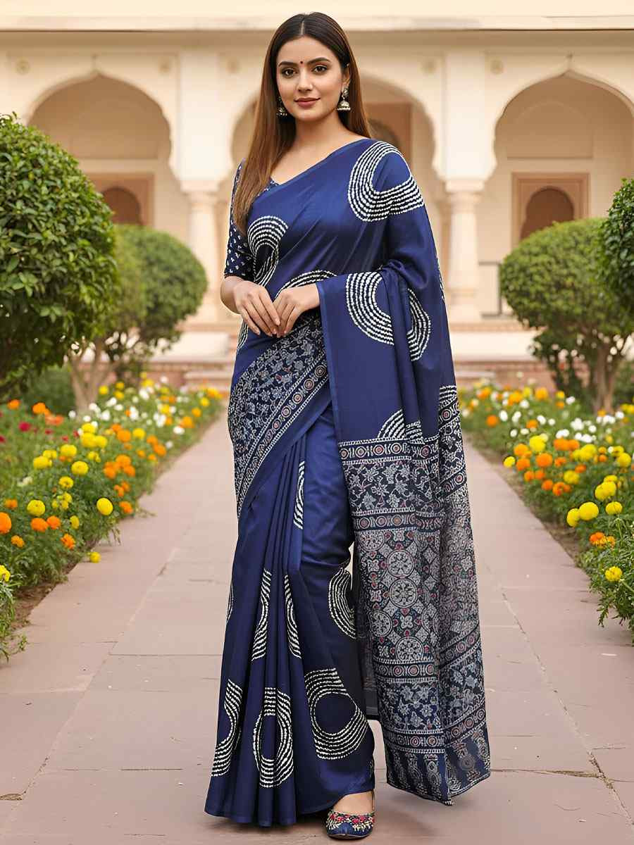 Blue Pure Mul Cotton Bhandej Printed Traditional Bridal Reception Festival Wedding Fancy Heavy Border Saree