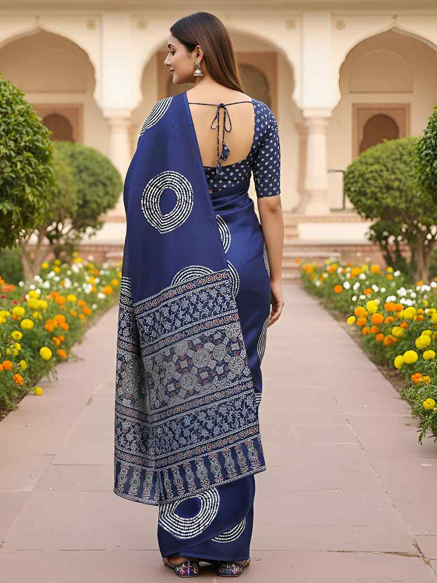 Blue Pure Mul Cotton Bhandej Printed Traditional Bridal Reception Festival Wedding Fancy Heavy Border Saree