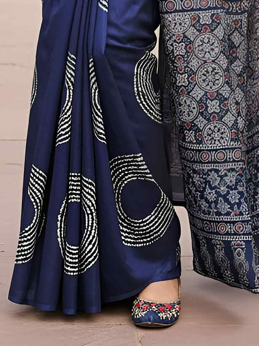 Blue Pure Mul Cotton Bhandej Printed Traditional Bridal Reception Festival Wedding Fancy Heavy Border Saree