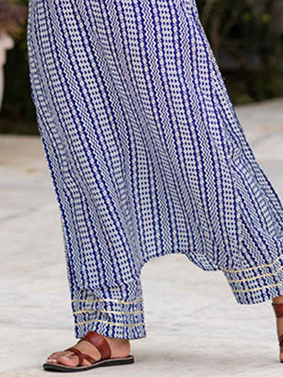 Blue Pure Muslin Printed Festival Casual Kurti With Bottom