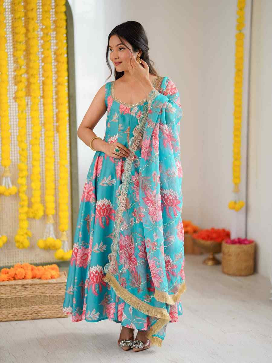 Blue Pure Muslin Printed Party Wedding Festival Casual Ready Anarkali Salwar Kameez