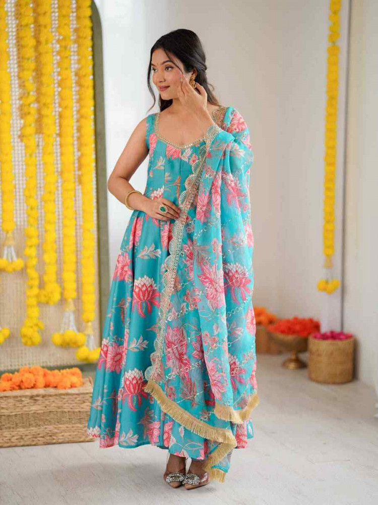 Image of Blue Pure Muslin Printed Party Wedding Festival Casual Ready Anarkali Salwar Kameez