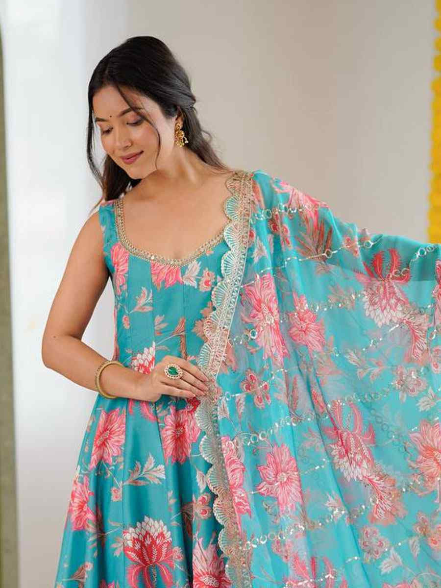 Blue Pure Muslin Printed Party Wedding Festival Casual Ready Anarkali Salwar Kameez