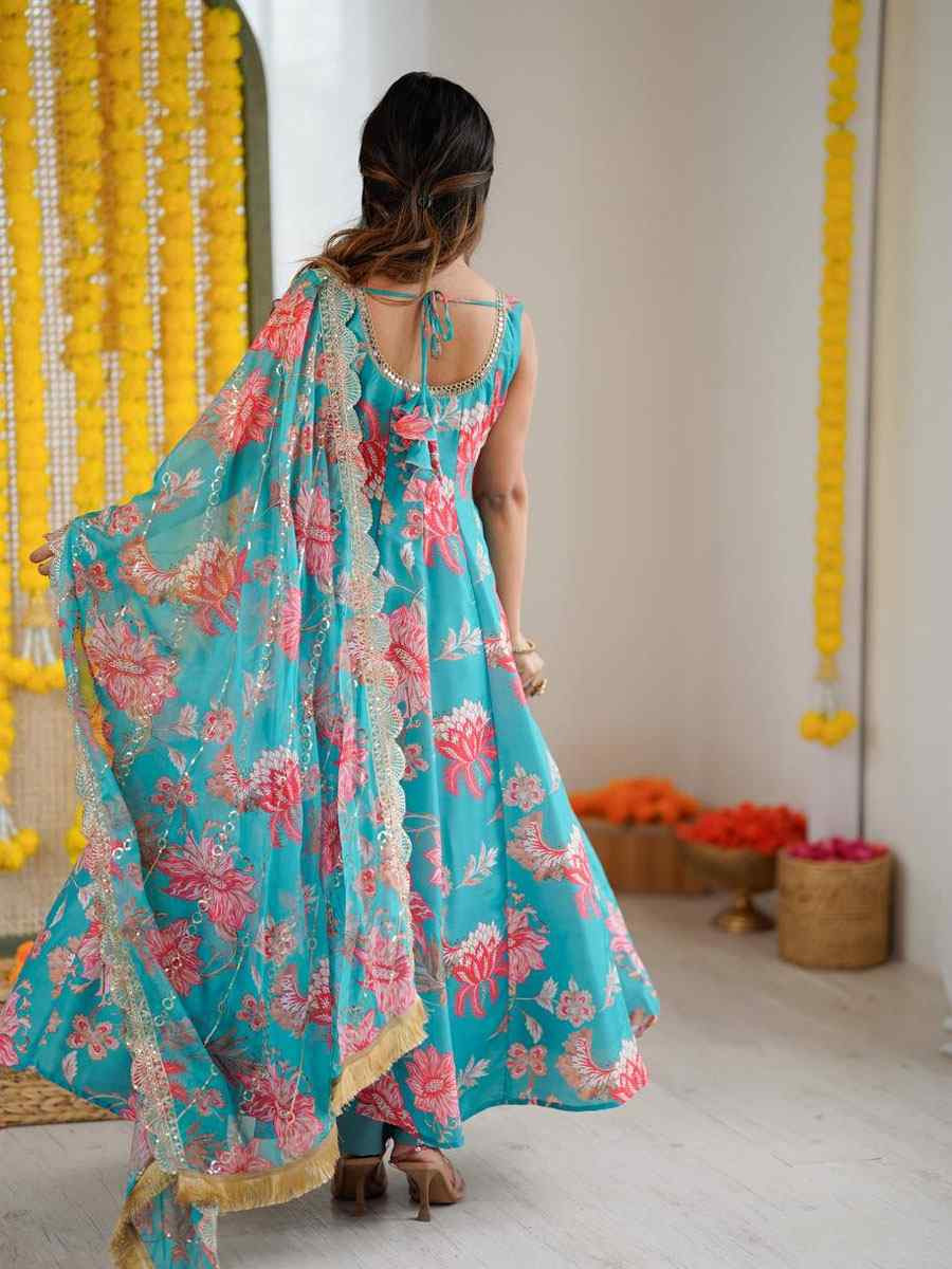 Blue Pure Muslin Printed Party Wedding Festival Casual Ready Anarkali Salwar Kameez