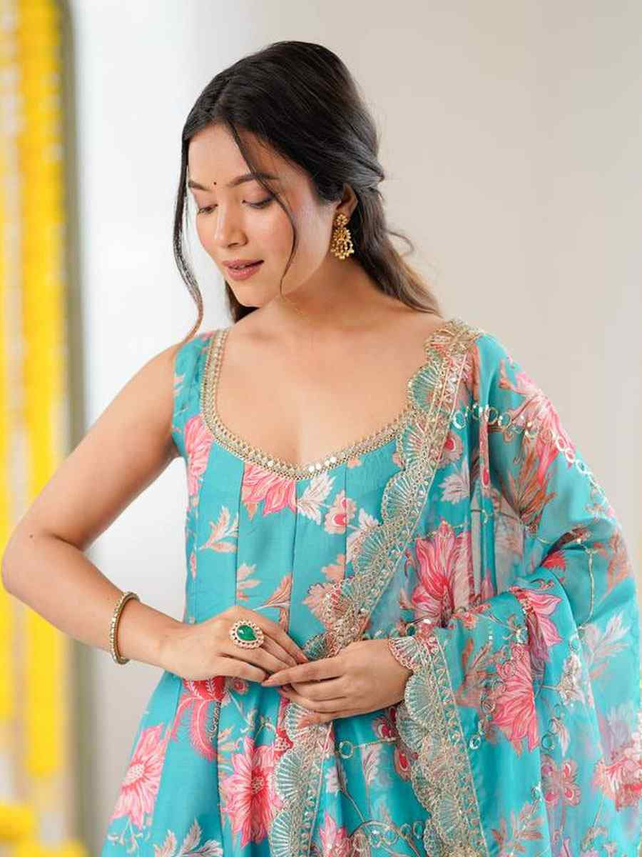 Blue Pure Muslin Printed Party Wedding Festival Casual Ready Anarkali Salwar Kameez