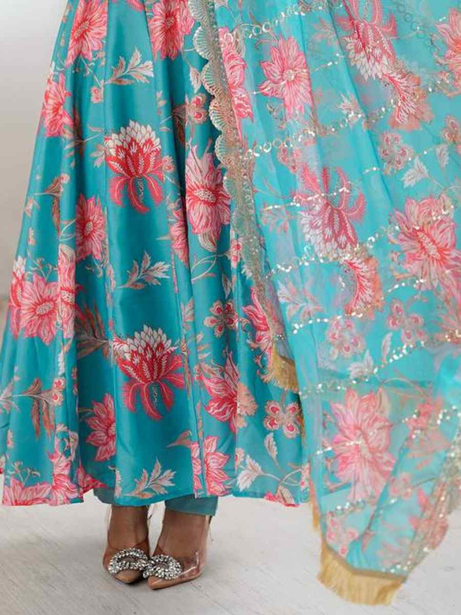 Blue Pure Muslin Printed Party Wedding Festival Casual Ready Anarkali Salwar Kameez
