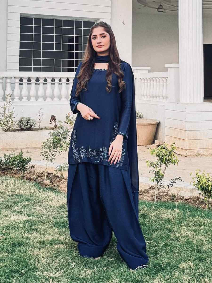 Blue Pure Natural Crep Silk Embroidered Party Wedding Ready Farsi Pant Salwar Kameez