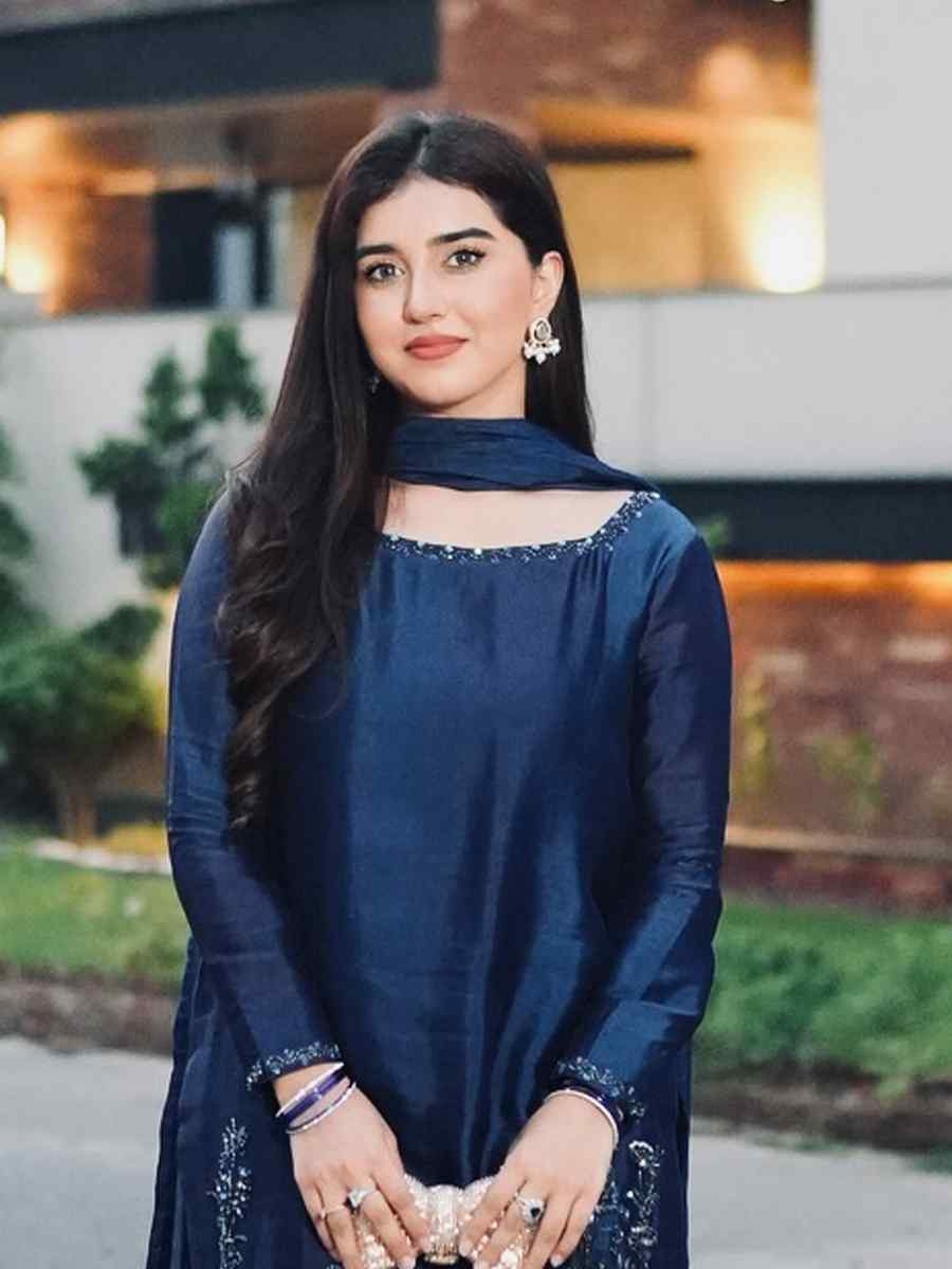 Blue Pure Natural Crep Silk Embroidered Party Wedding Ready Farsi Pant Salwar Kameez